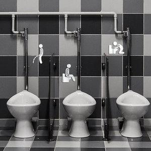 Three-piece set of white 3D acrylic bathroom wall decals with creative silhouette figures