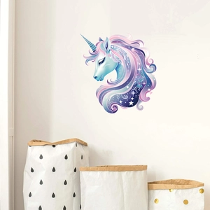 Dreamy unicorn wall sticker with colorful mane and stars for children bedroom decoration