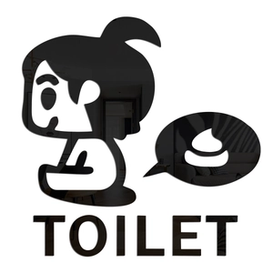 Black acrylic mirror toilet sign featuring a cartoon girl and 3D mirror lettering