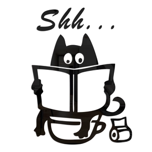 Funny 3D black acrylic cat wall sticker sitting on toilet reading newspaper with Shh text