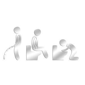 Detail of silver acrylic mirror wall stickers featuring creative toilet figures and icons