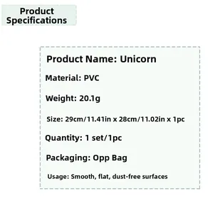 Detailed PVC unicorn wall sticker specifications including dimensions 29x28cm and 20g weight