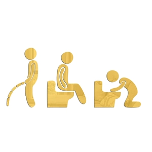 Three-piece set of golden acrylic mirror wall stickers with funny bathroom toilet figures