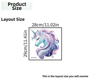 Size chart for unicorn wall sticker showing layout dimensions of 28cm by 29cm