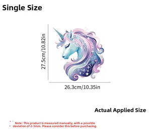 Detailed size specifications for unicorn wall sticker in blue and pink gradient colors