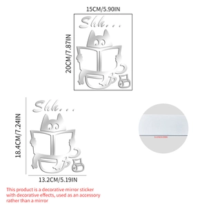 Funny acrylic mirror cat toilet wall sticker with Shh text in two sizes for bathroom