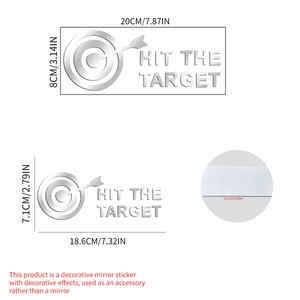 Silver mirror acrylic wall stickers set featuring HIT THE TARGET design with dimensions