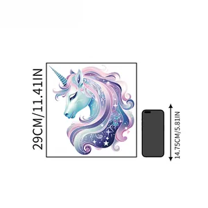 Size comparison of 29x29cm unicorn wall sticker next to a smartphone device icon