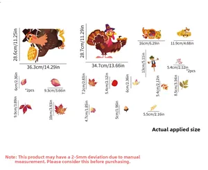 Detailed size chart showing Thanksgiving turkey, pumpkin, and maple leaf window stickers