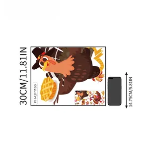 Detail view of Thanksgiving turkey window decal with maple leaves and size reference
