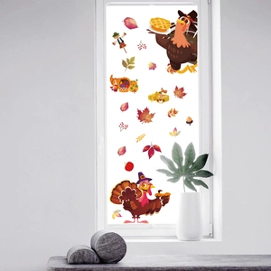 Thanksgiving window decals with cartoon turkeys, scarecrows and autumn maple leaves decor