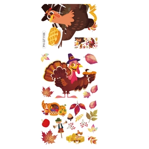 Thanksgiving window decals featuring autumn maple leaves, turkey and pumpkins for home decor