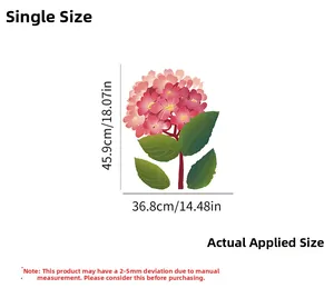 Détail montrant les dimensions du sticker mural floral avec hortensia rose et feuilles