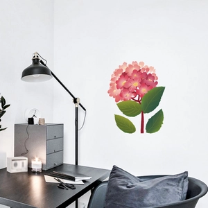 Sticker mural hortensia rose pour décoration de salon avec feuilles vertes autocollant