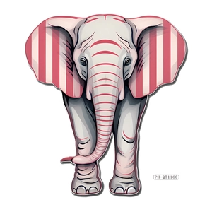 Détail d'un sticker mural éléphant nordique avec oreilles rayées roses pour déco