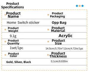 Detailed specifications table for acrylic home switch stickers in various colors