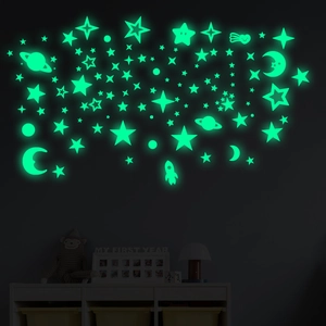 Glow In The Dark Stars Moon Wall Stickers Fluorescent PET Planet Rocket Decals For Kids Room Bedroom Ceiling Starry Sky Decor