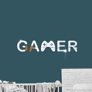 Modern silver acrylic mirror wall sticker featuring GAMER text with controller icon