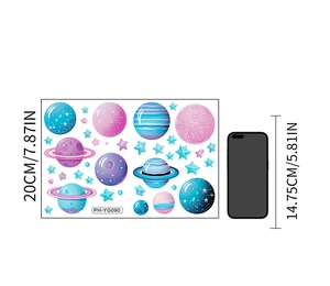 Detailed view of luminous space planet stickers with size comparison against a smartphone