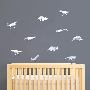 Lot de 10 stickers muraux dinosaures à effet miroir argenté pour chambre d'enfant