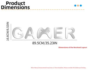 Detailed size chart for GAMER 3D acrylic wall decal showing 89.5cm length and 16.6cm height