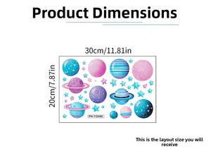 Detailed size chart of luminous planet wall stickers measuring 30cm by 20cm for bedrooms