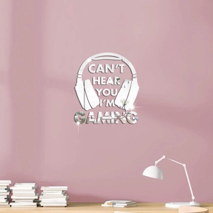 Sticker mural miroir en acrylique casque gamer avec texte CAN'T HEAR YOU I'M GAMING