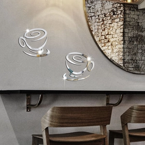 3D acrylic mirror wall stickers featuring creative silver coffee cup designs for kitchen decor