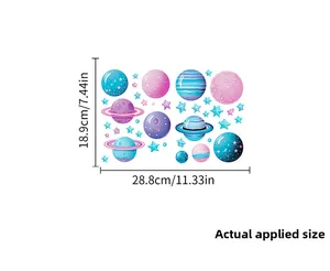 Detailed view of luminous planet stickers with size dimensions for kids wall decor