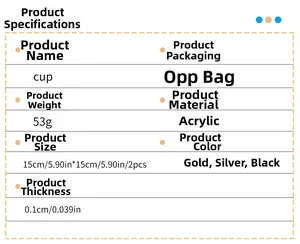 Specifications of acrylic coffee cup wall stickers showing dimensions 15x15cm and 1mm thickness