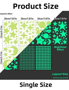 Size chart showing luminous star moon wall stickers with day and night glowing effects