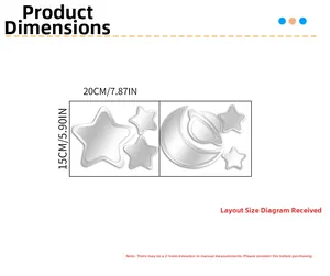 Size chart for 3D acrylic star and moon mirror wall stickers with dimensions in CM and IN