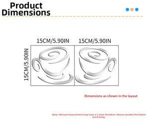 Macro detail of acrylic mirror coffee cup wall stickers showing dimensions of 15cm size