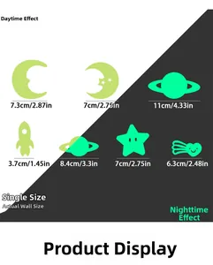 Size chart for glow in the dark moon, stars, and planet wall stickers with dimensions