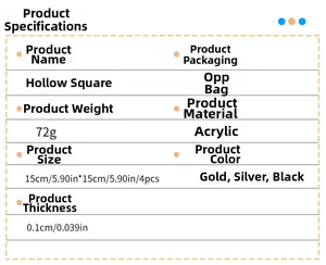 Detailed specifications for hollow square acrylic mirror wall stickers in 15x15cm size