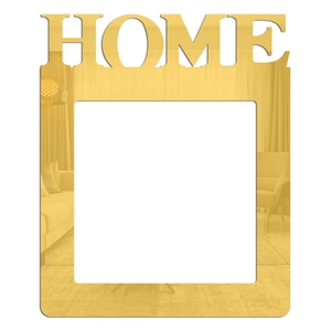 Detail view of golden mirror HOME wall sticker with reflective surface and cutout frame