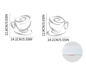 Detailed dimensions of silver acrylic mirror coffee cup wall stickers for kitchen decor