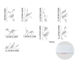 Détail des stickers muraux miroirs dinosaures en acrylique 1mm avec dimensions et épaisseur