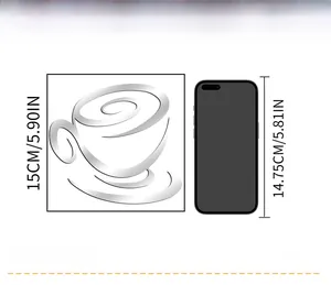 Size comparison of coffee cup mirror wall sticker next to a 15cm smartphone