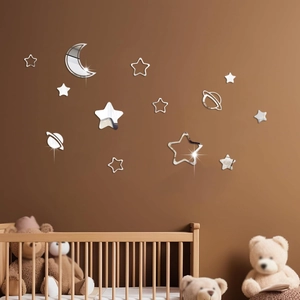 Star and moon 3D mirror acrylic wall stickers set for cozy nursery and bedroom decoration