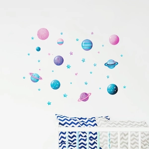 Detail view of luminous planet wall stickers for kids bedroom in pink and blue