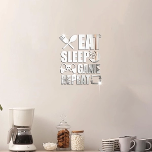 Adesivo murale specchio 3D in acrilico con scritta Eat Sleep Game Repeat casa