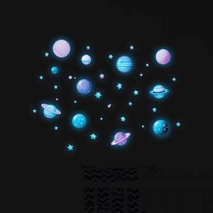 Detailed view of luminous planet and star wall stickers glowing in a dark room
