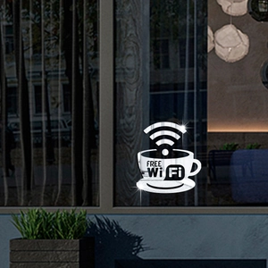 Adesivo da parete specchio 3D argento con tazza di caffè e icona del segnale WiFi gratuito