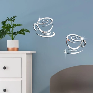 Detailed view of silver mirror acrylic coffee cup wall stickers with high reflection