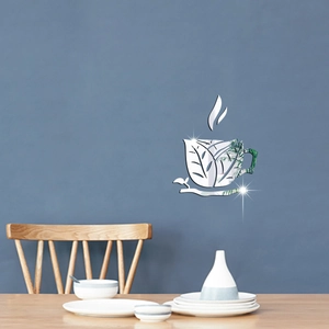 3D acrylic mirror coffee cup wall sticker with decorative leaf design on blue background