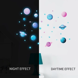 Glow in the dark solar system wall stickers showing daytime and night fluorescence effect