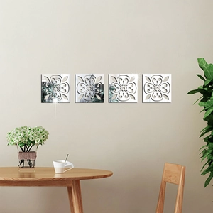 Détails d'autocollants muraux miroir en acrylique argenté avec motifs floraux ajourés