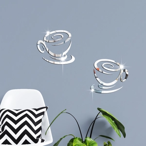 Detail showing high-gloss 3D acrylic mirror coffee cup wall sticker on a modern living room wall