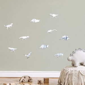 Stickers muraux dinosaures effet miroir argenté en acrylique pour chambre d'enfant